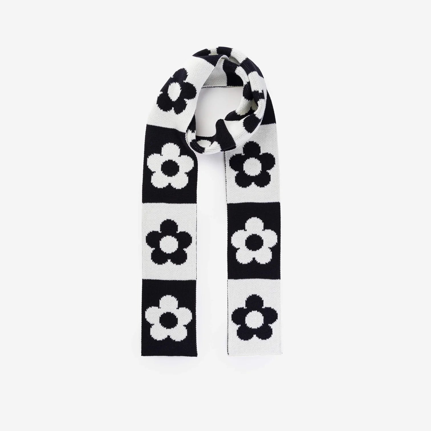 Flower Block Skinny Knit Scarf - Black White