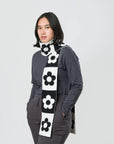 Flower Block Skinny Knit Scarf - Black White