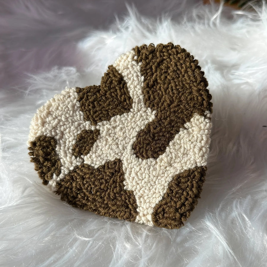 Punch Needle Mug Rug - Brown Cow Heart