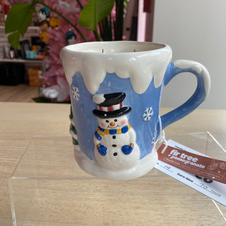 Novelty Holiday Glassware Blue Mug and Snowman - Fir Tree + Pomegranate Scented Organic Soy Candle