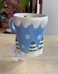 Novelty Holiday Glassware Blue Mug and Snowman - Fir Tree + Pomegranate Scented Organic Soy Candle