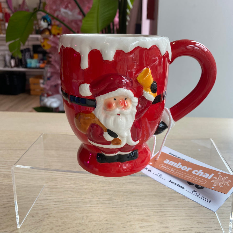 Novelty Holiday Glassware Red Santa - Amber Chai Scented Organic Soy Candle