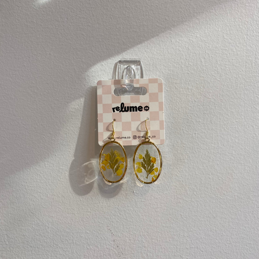 Large Yellow Oval Pressed Flower Earrings