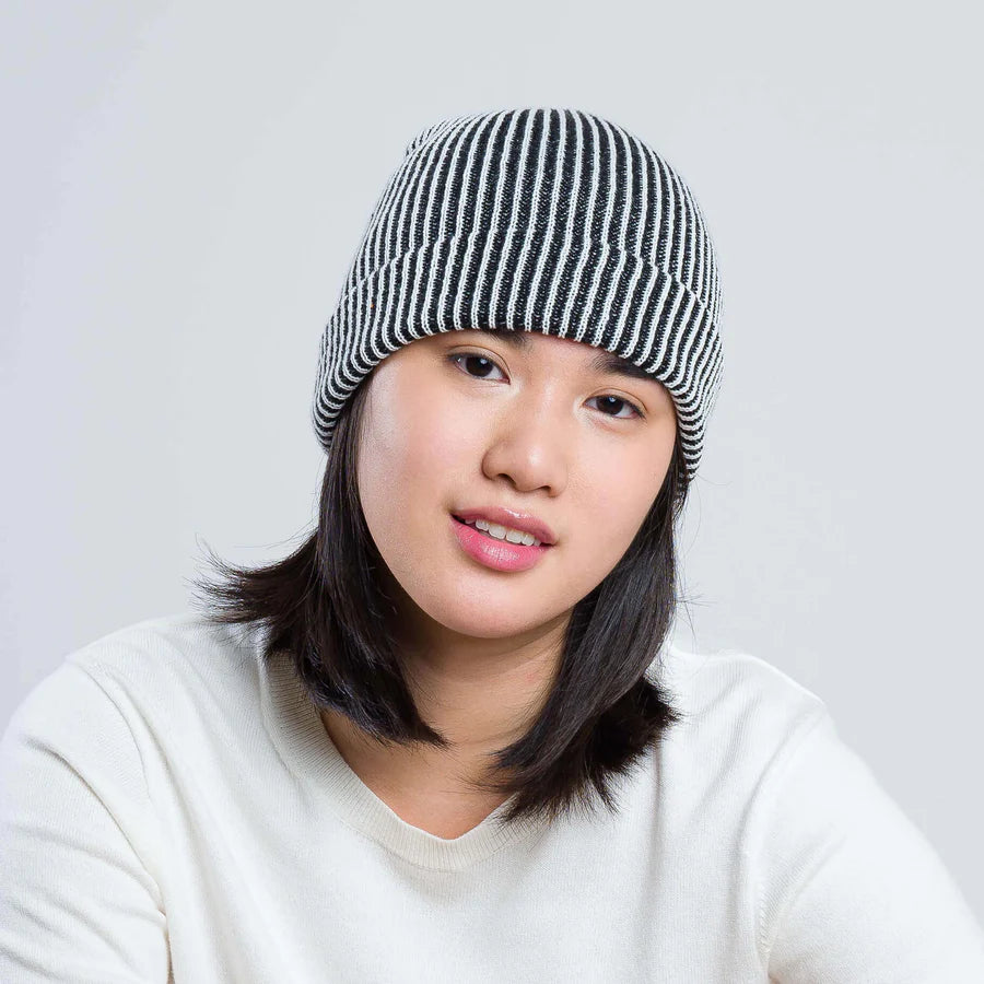 Simple Rib Knit Beanie - Black White