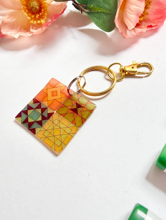 Hand-Illustrated Quilt Squares Keychain/Bag Charm