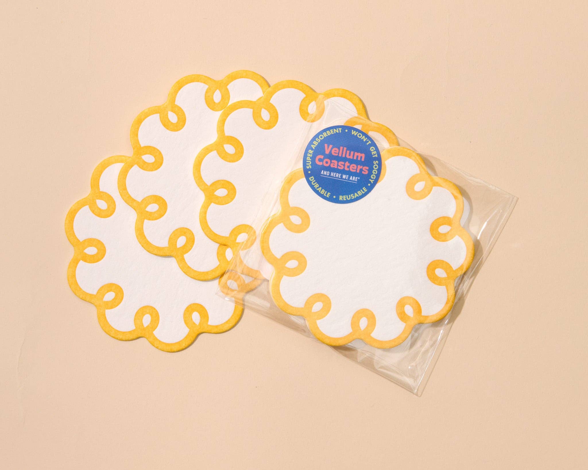 Letterpress Reusable Vellum Coasters—Coquette Scallop Yellow