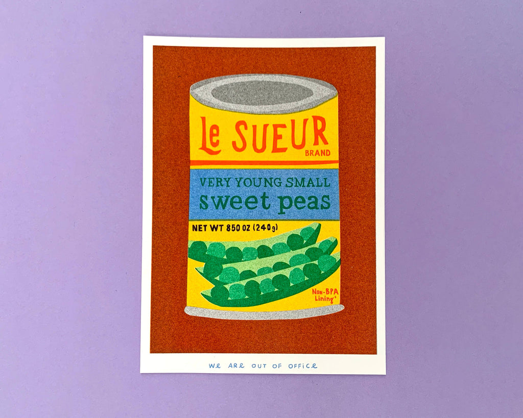 A risograph print of a can of sweet peas 