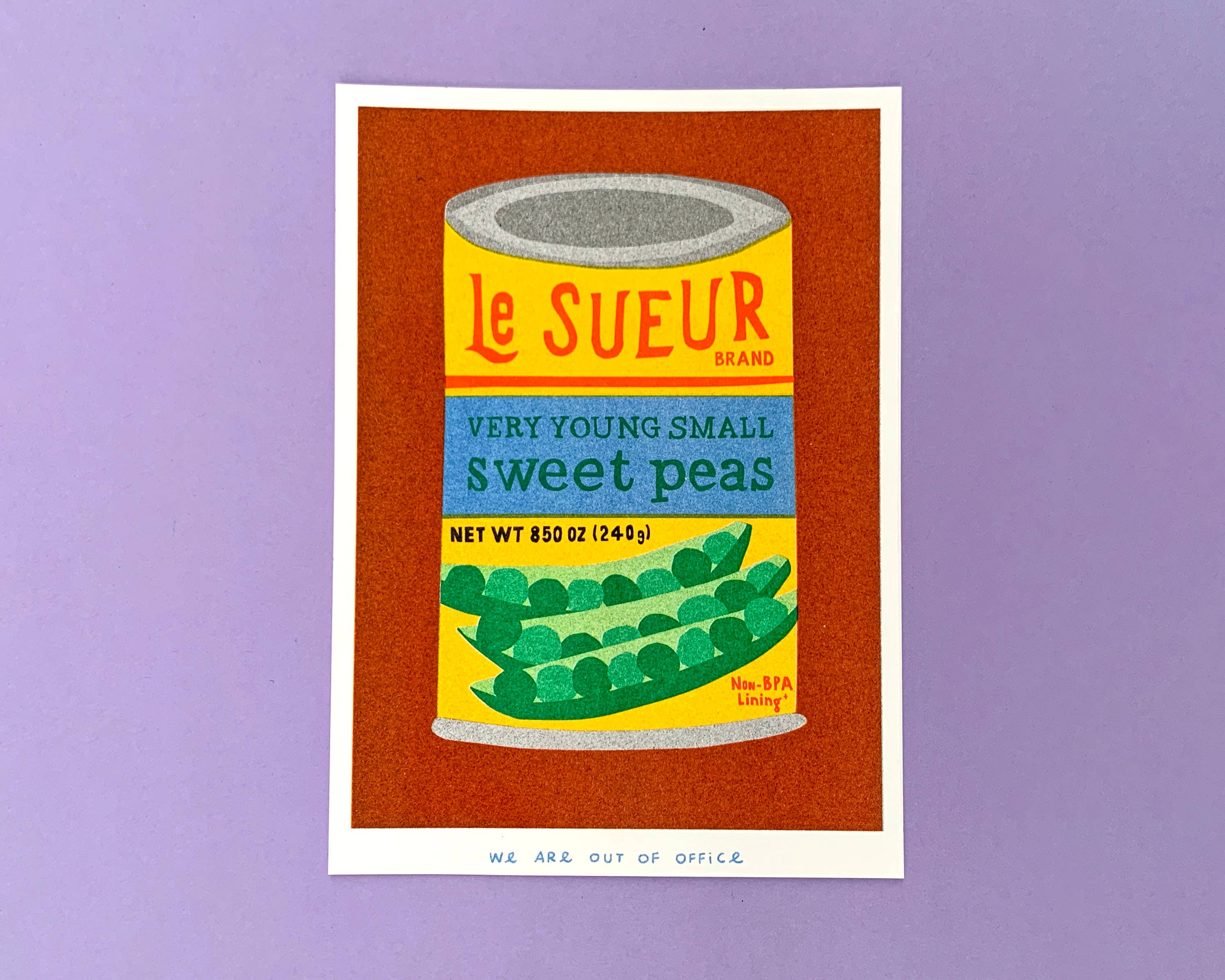 A risograph print of a can of sweet peas 
