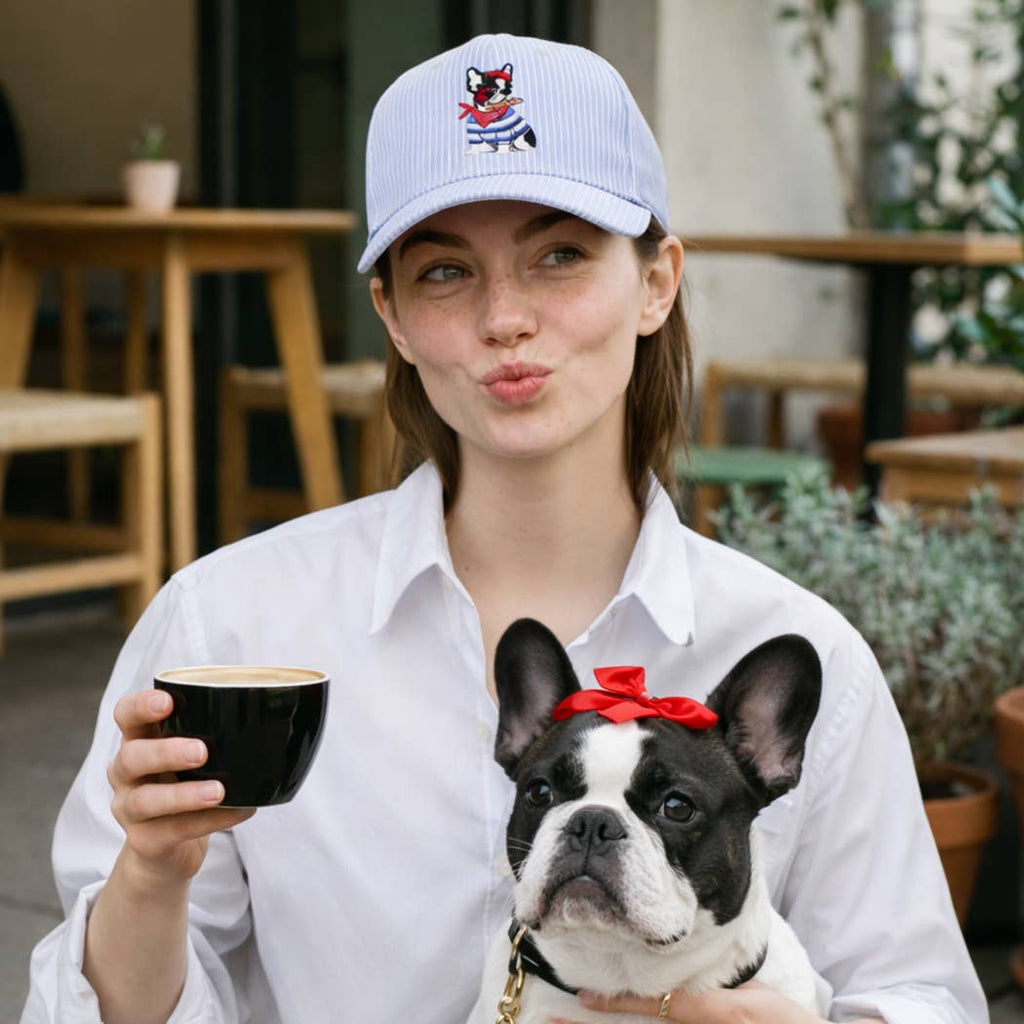 French Bulldog Embroidered Seersucker Stripe Trucker Hat
