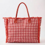 Gingham Check Terry Cloth Frayed Shoulder Tote Bag