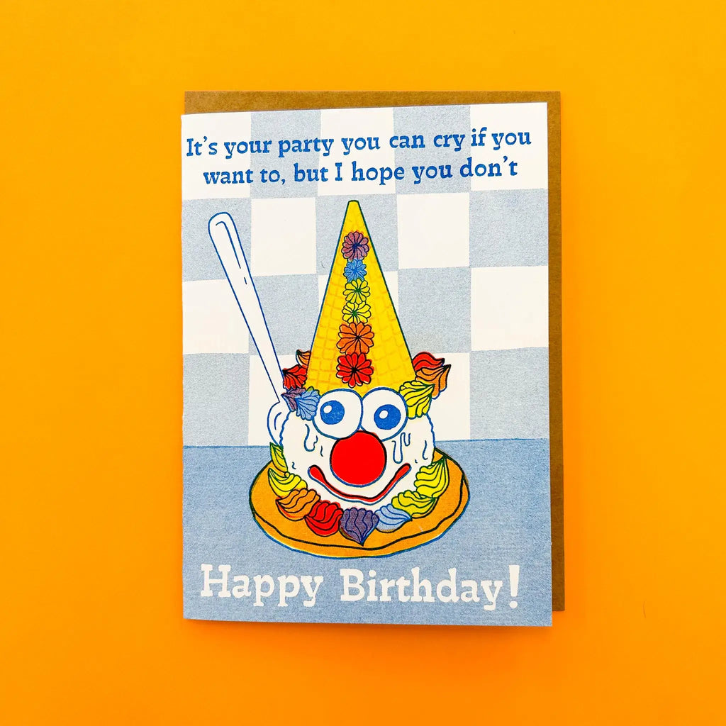Crying Clown Cone Celebration Risograph Greeting Card