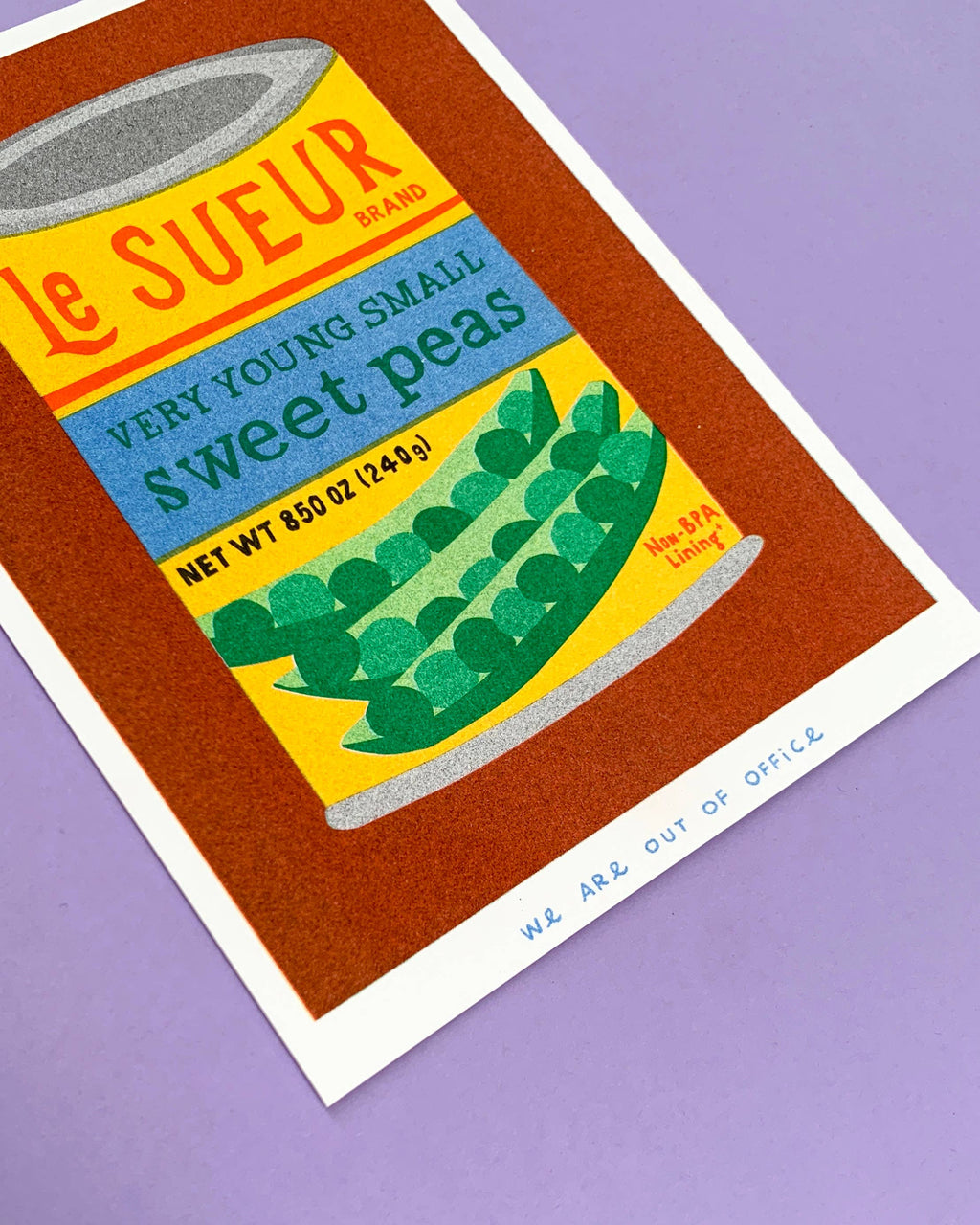 A risograph print of a can of sweet peas 