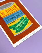 A risograph print of a can of sweet peas 
