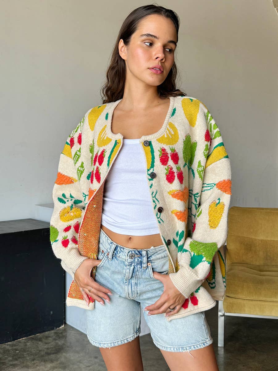 Multi Color Flower Patterned Knit Cardigan
