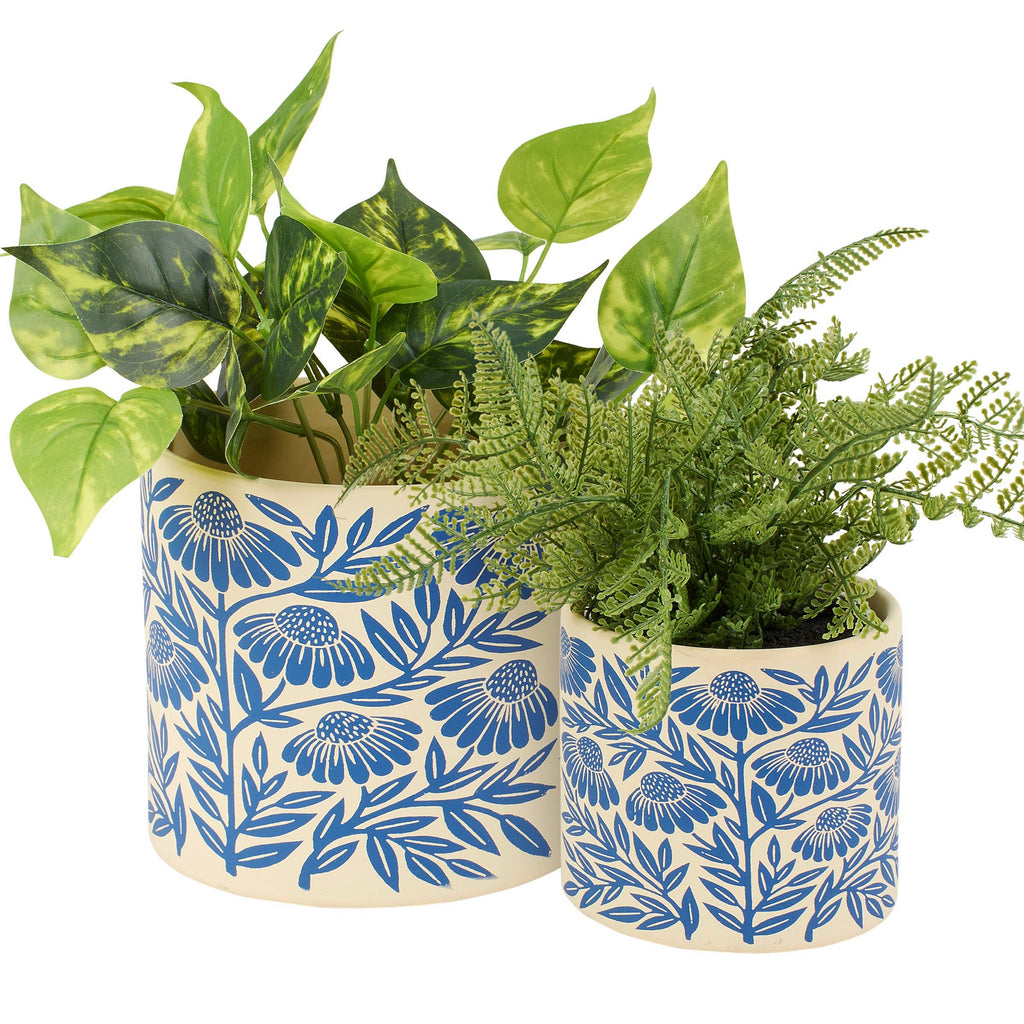 Blue Folk Art Planter Set