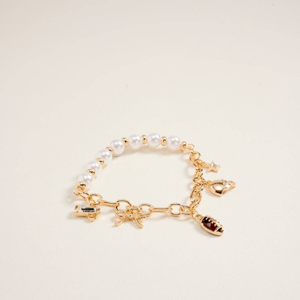 7.25 Inch Football Charms Pearl Chain Stretch Bracelet