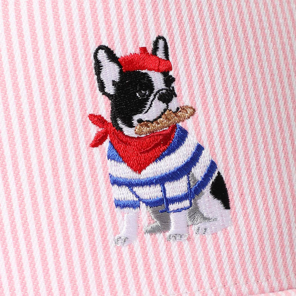 French Bulldog Embroidered Seersucker Stripe Trucker Hat
