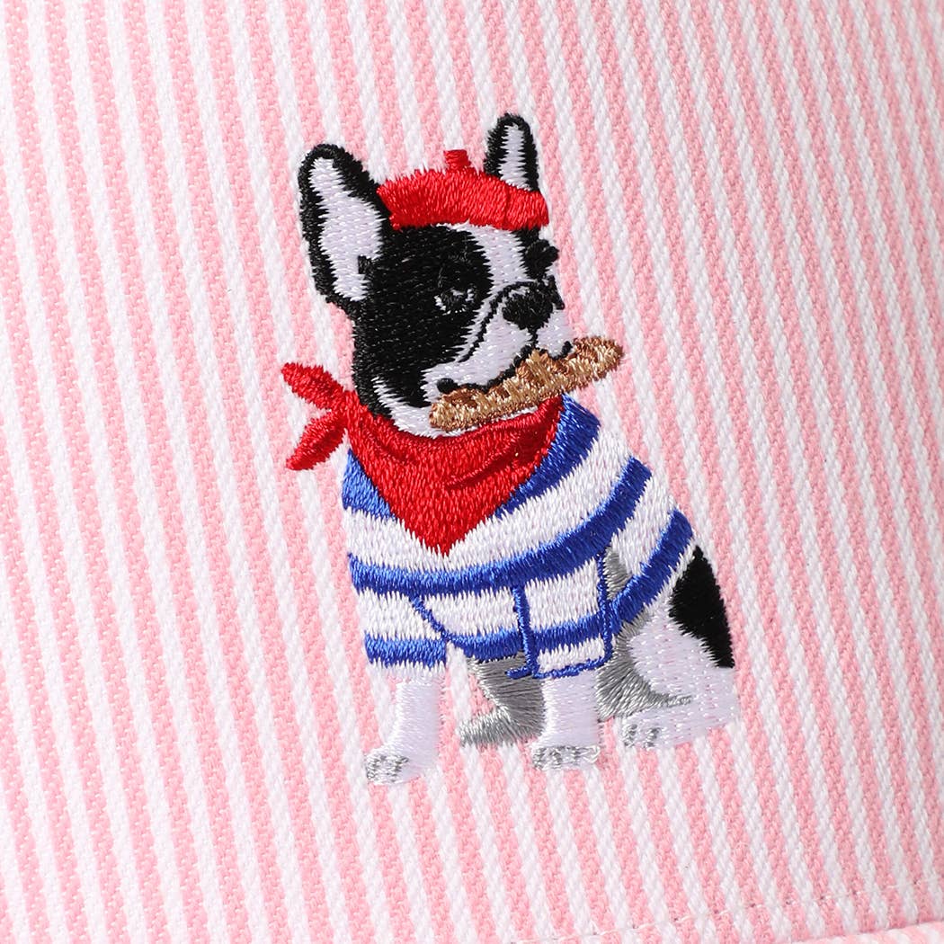 French Bulldog Embroidered Seersucker Stripe Trucker Hat