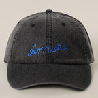 Amore Embroidered Washed Denim Baseball Cap
