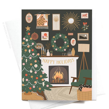 Happy Holidays Cozy Fireplace Greeting Card