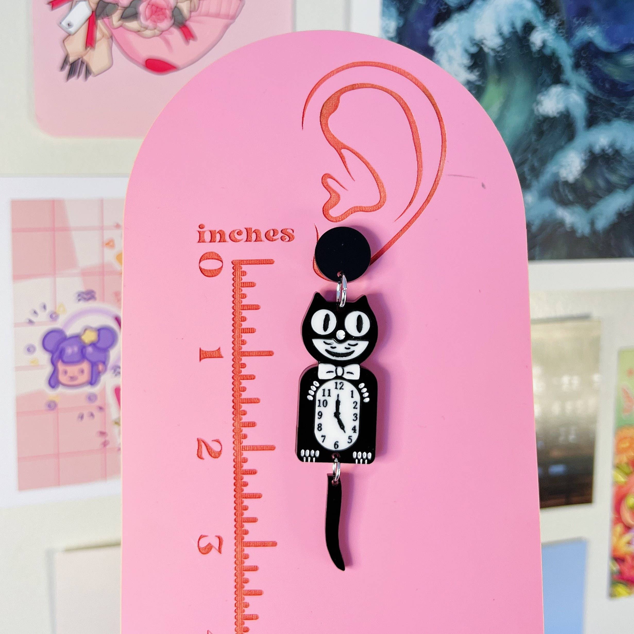 Black Cat Clock Handmade Acrylic Earrings & Keychains