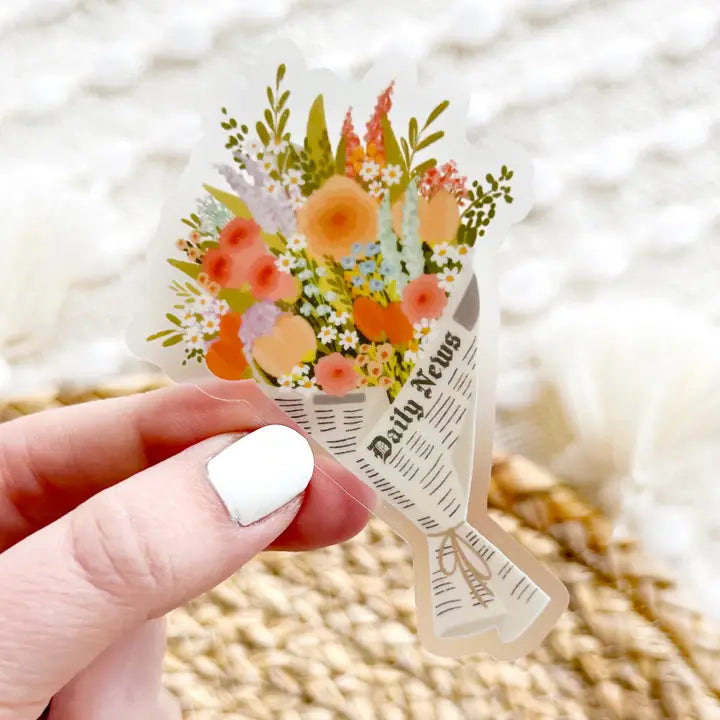 Clear Bouquet in Newspaper Sticker 3.5x2.5in