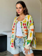Multi Color Flower Patterned Knit Cardigan