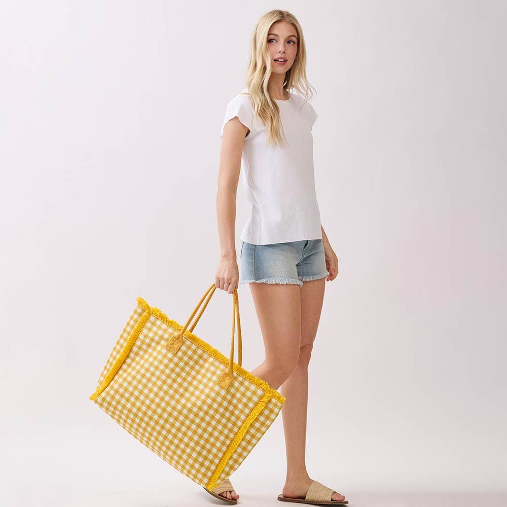 Gingham Check Terry Cloth Frayed Shoulder Tote Bag