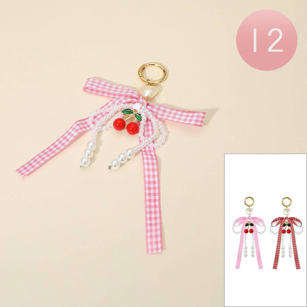 12PCS - Cherry Charm Accent Pearl Beaded Gingham Bow Bag Charm Keychains