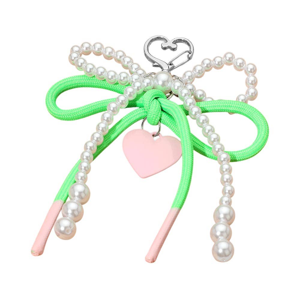 Heart Charm Dangle Double Pearl Beaded Loop Bow Keychain / Bag Charm