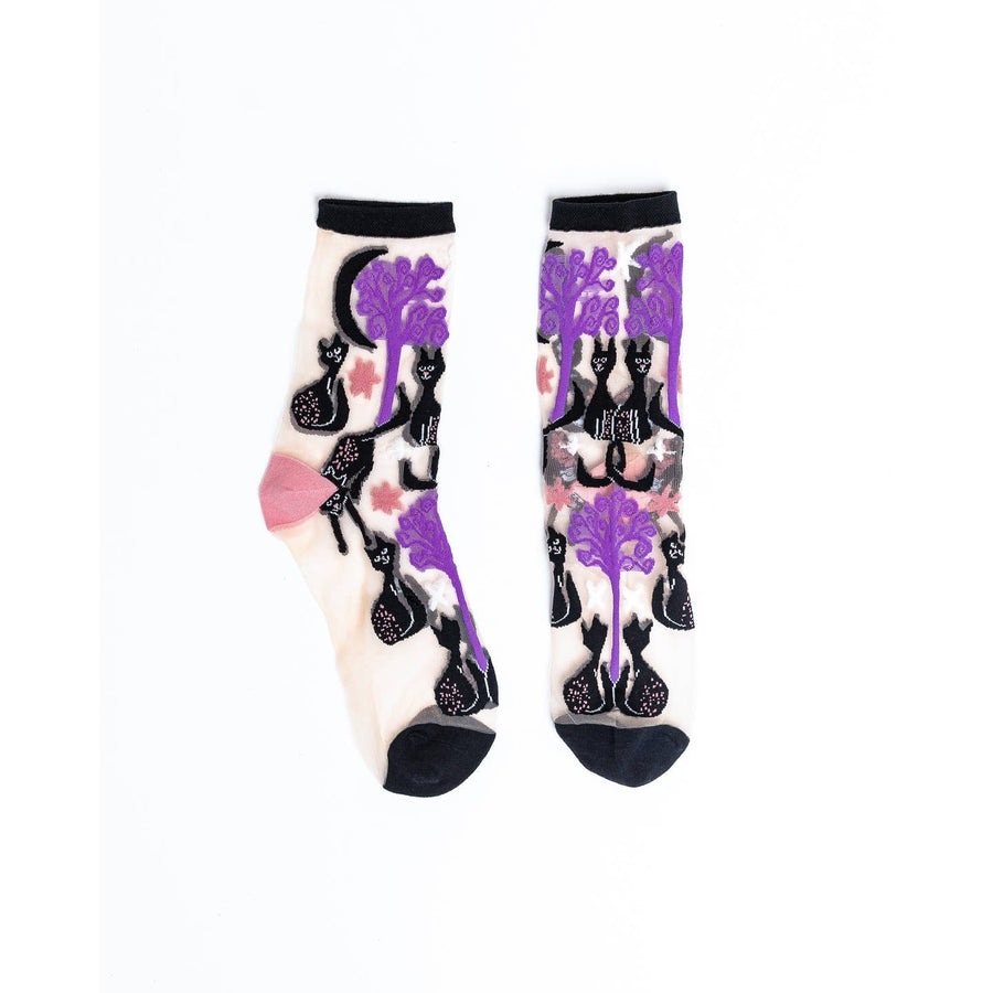 Nocturnal Halloween Cats Sheer Crew Socks