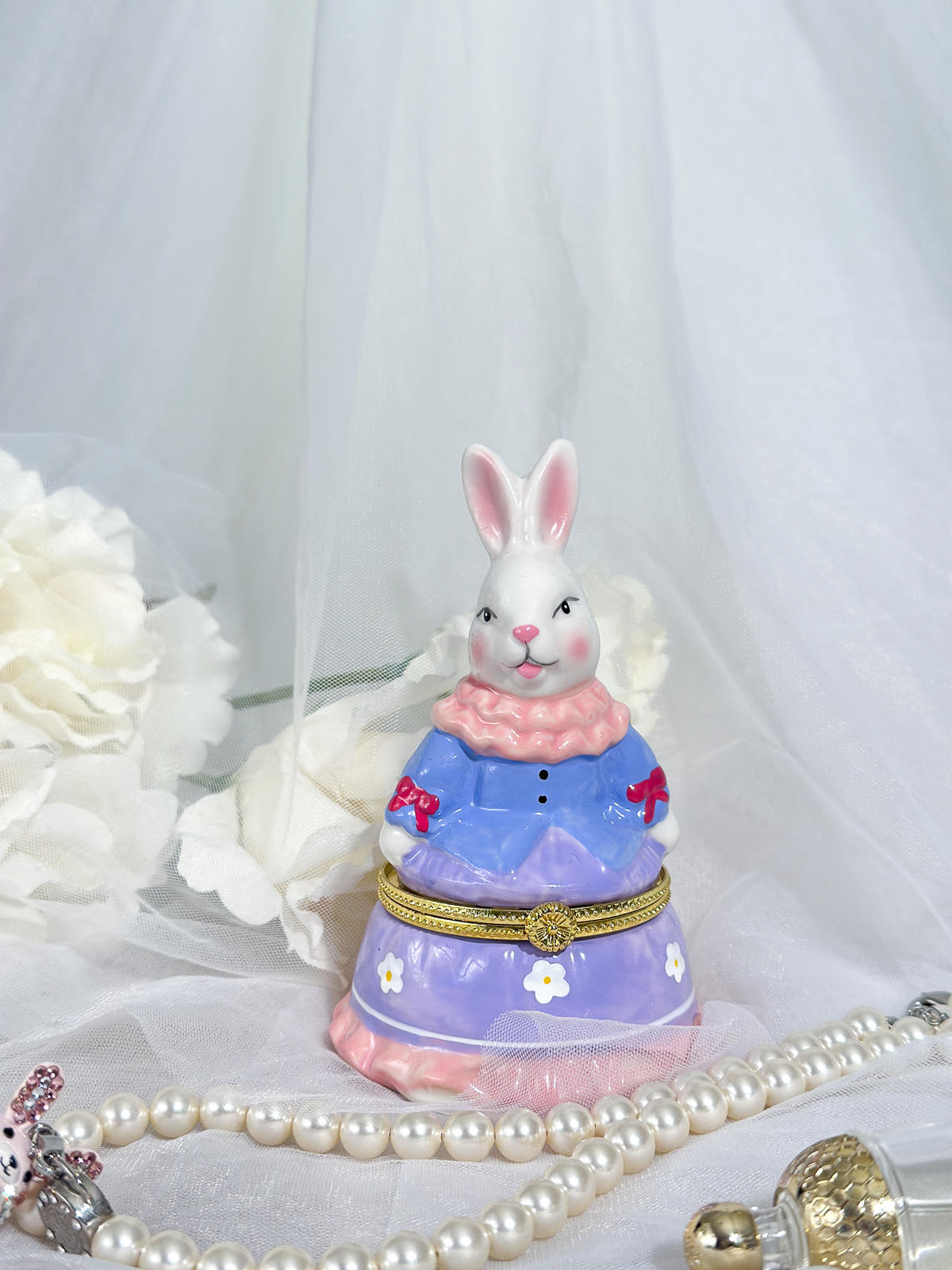 Bunny in Blue Dress Hand Painted Trinket Box
