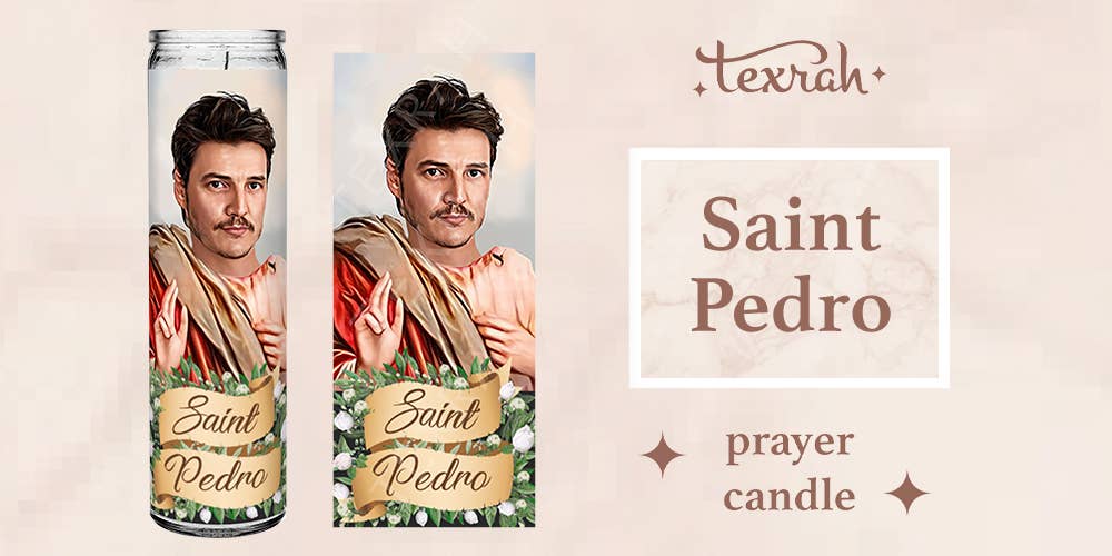 Saint Pedro Pascal Celebrity Prayer Candle - 8" white