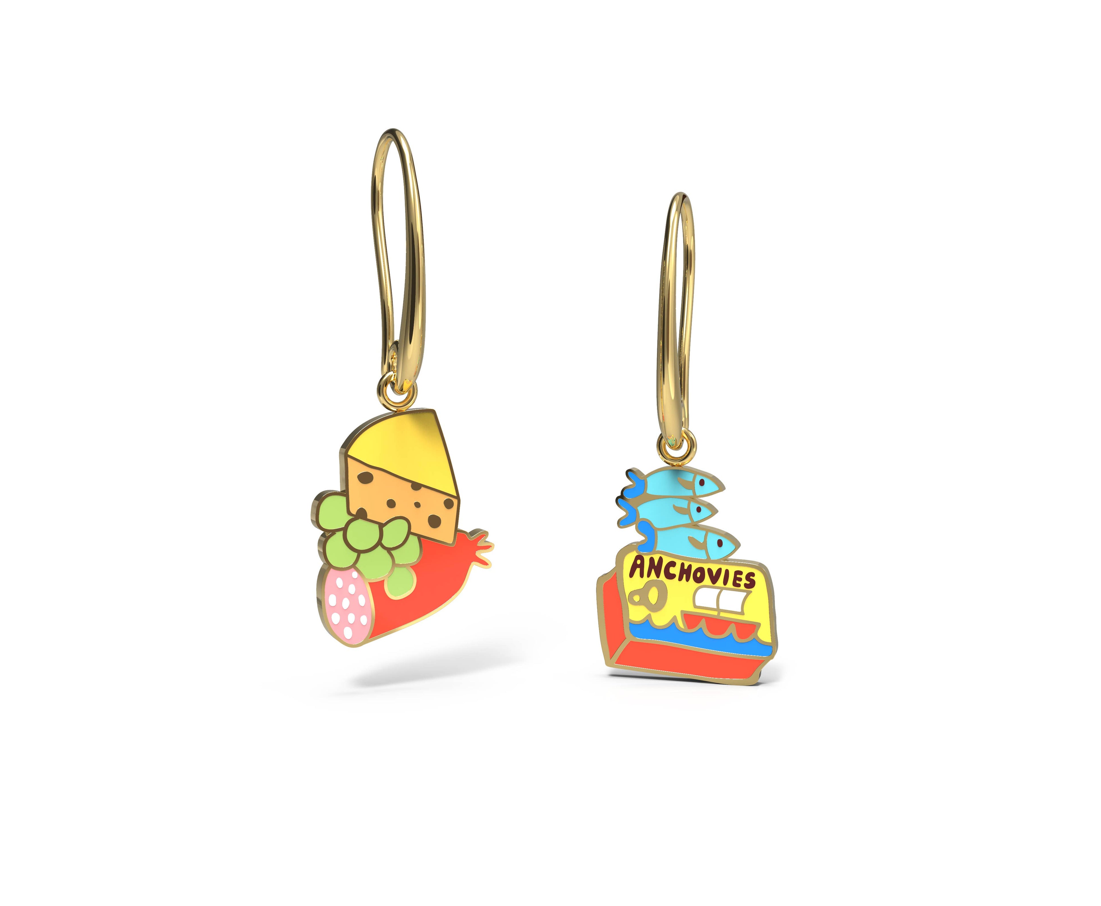 Charcuterie & Fish Earrings - Gold Tin Fish Cheese Jewelry