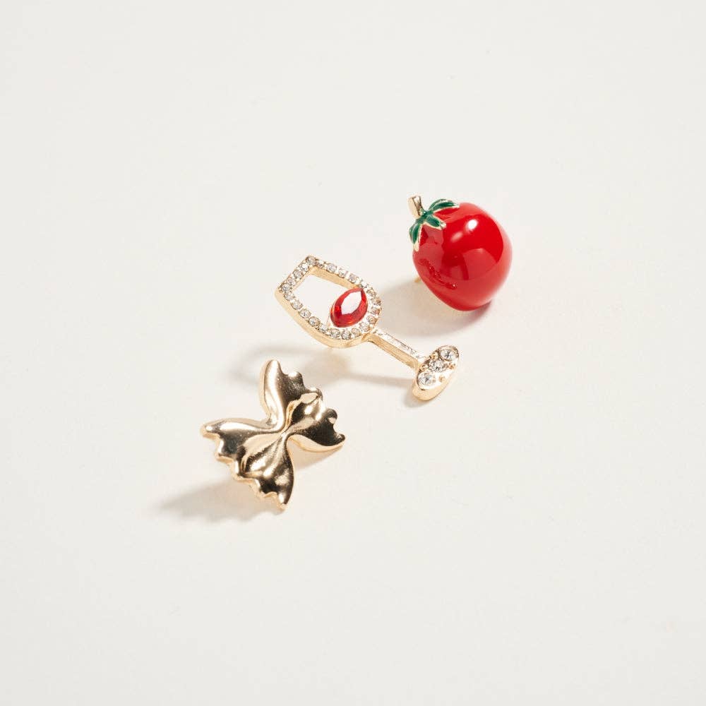 Wine Glass Tomato Bowtie Pasta Brooch Pin Set of 3