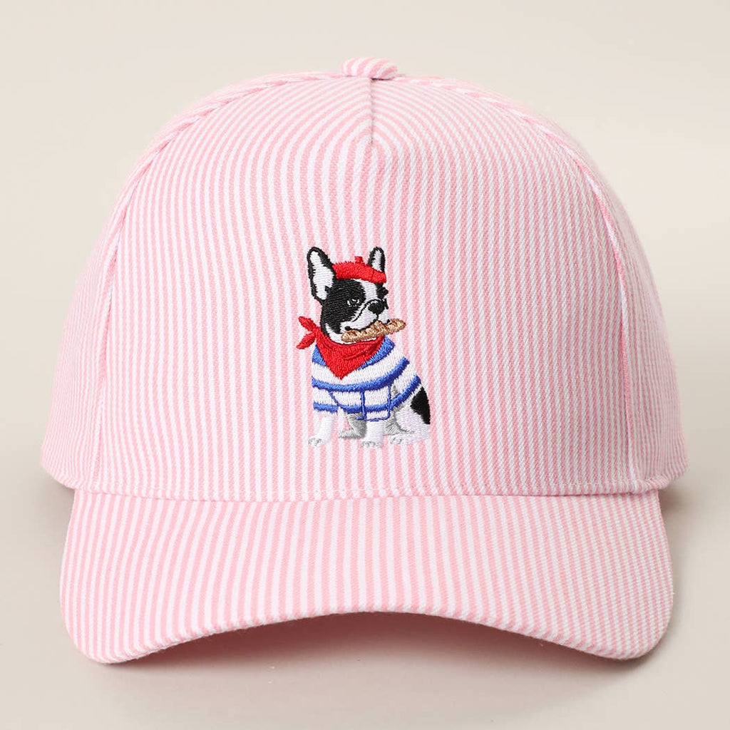 French Bulldog Embroidered Seersucker Stripe Trucker Hat