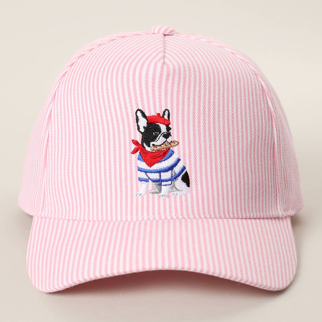French Bulldog Embroidered Seersucker Stripe Trucker Hat