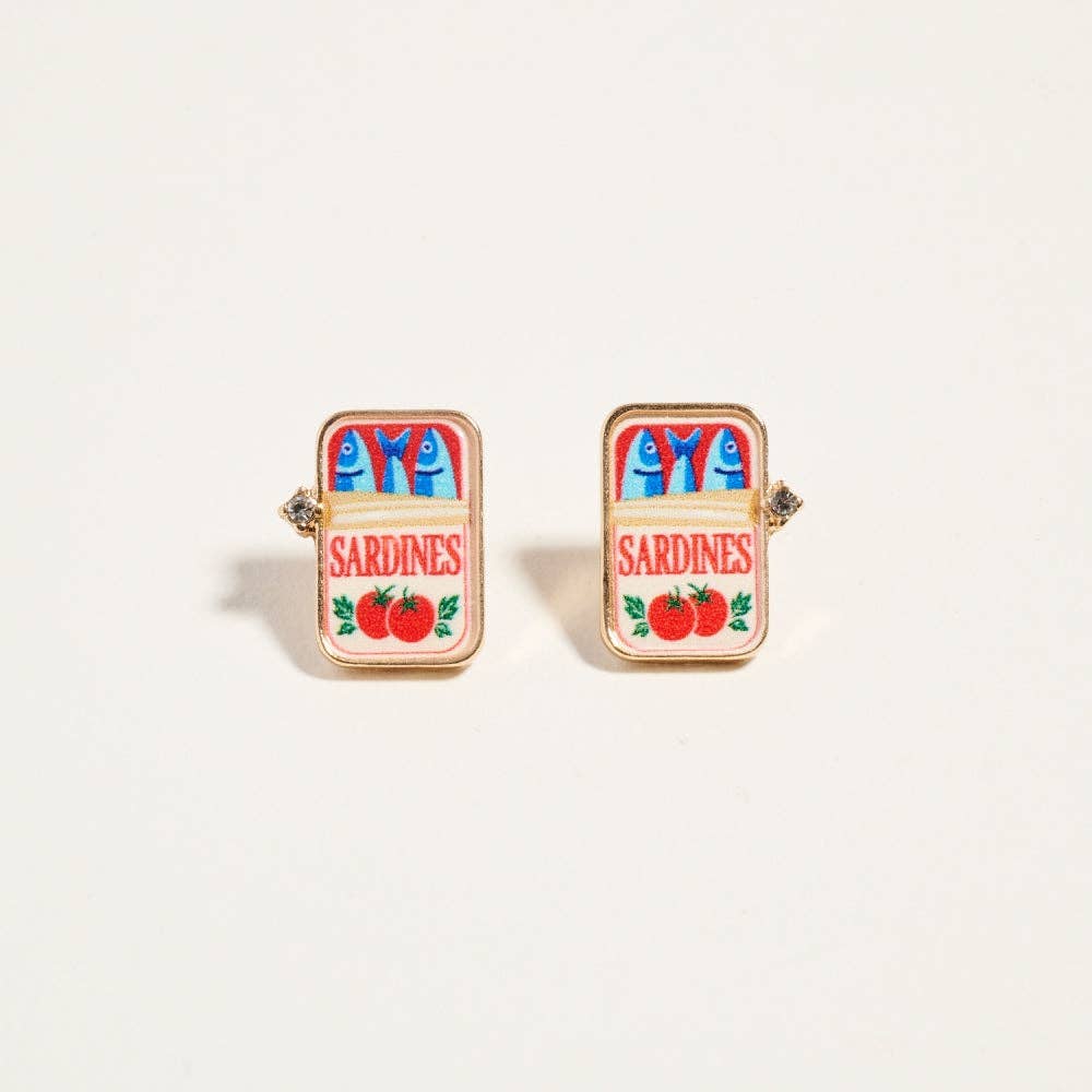 0.75 Inch Canned Sardines Rhinestone Post Earrings