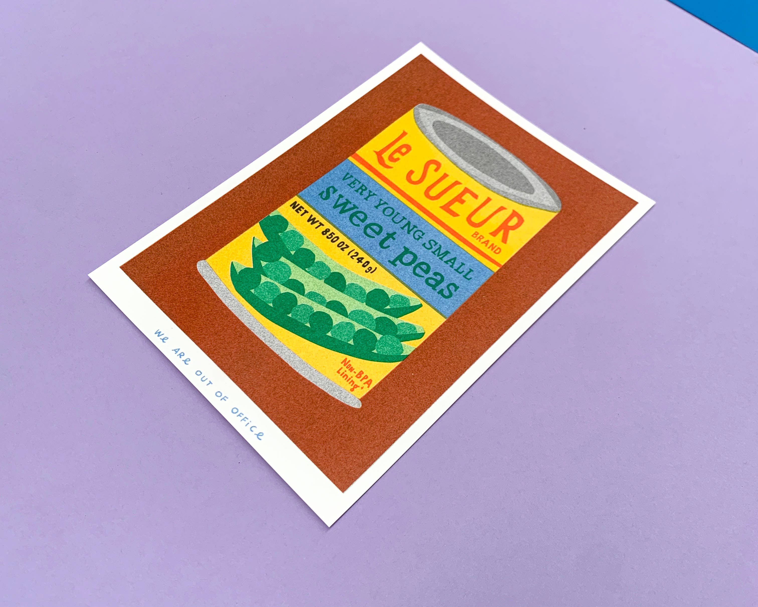 A risograph print of a can of sweet peas 