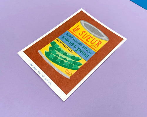 A risograph print of a can of sweet peas 