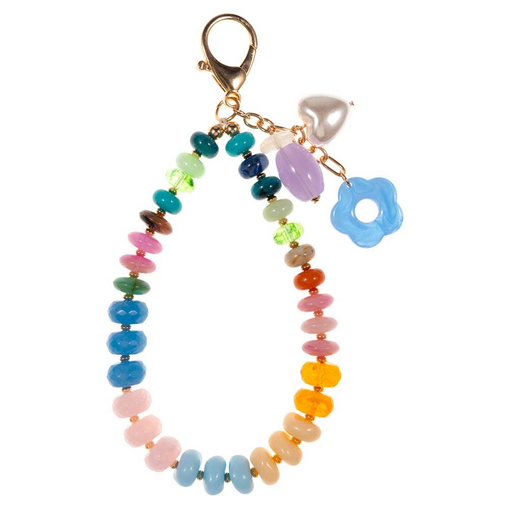 Flower Pearl Charm Accent Multicolor Beaded Wristlet Bag Charm Keychain