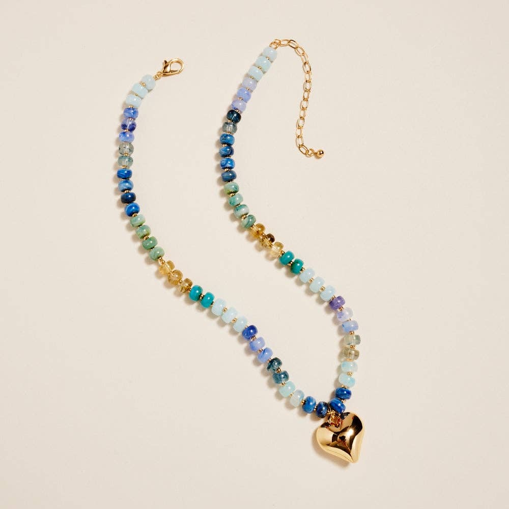 17 In Marbled Beaded Puffy Heart Pendant Necklace