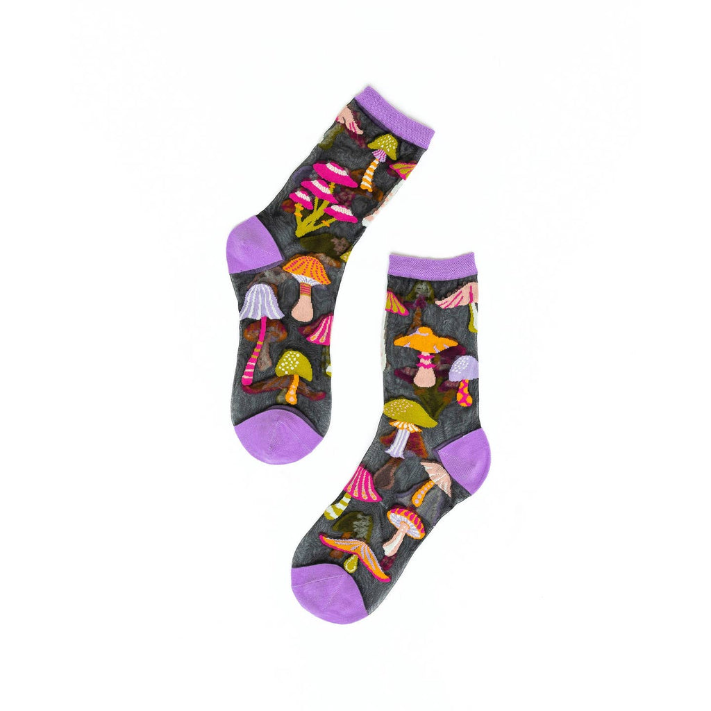 Magic Mushroom Black Sheer Crew Socks