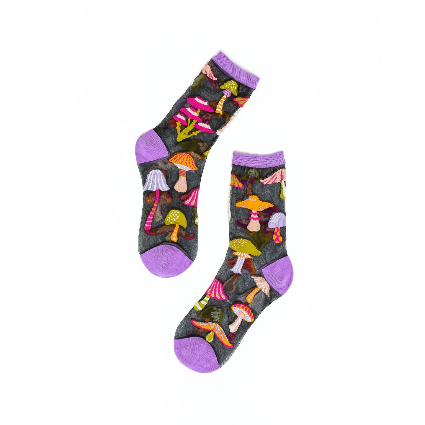 Magic Mushroom Black Sheer Crew Socks