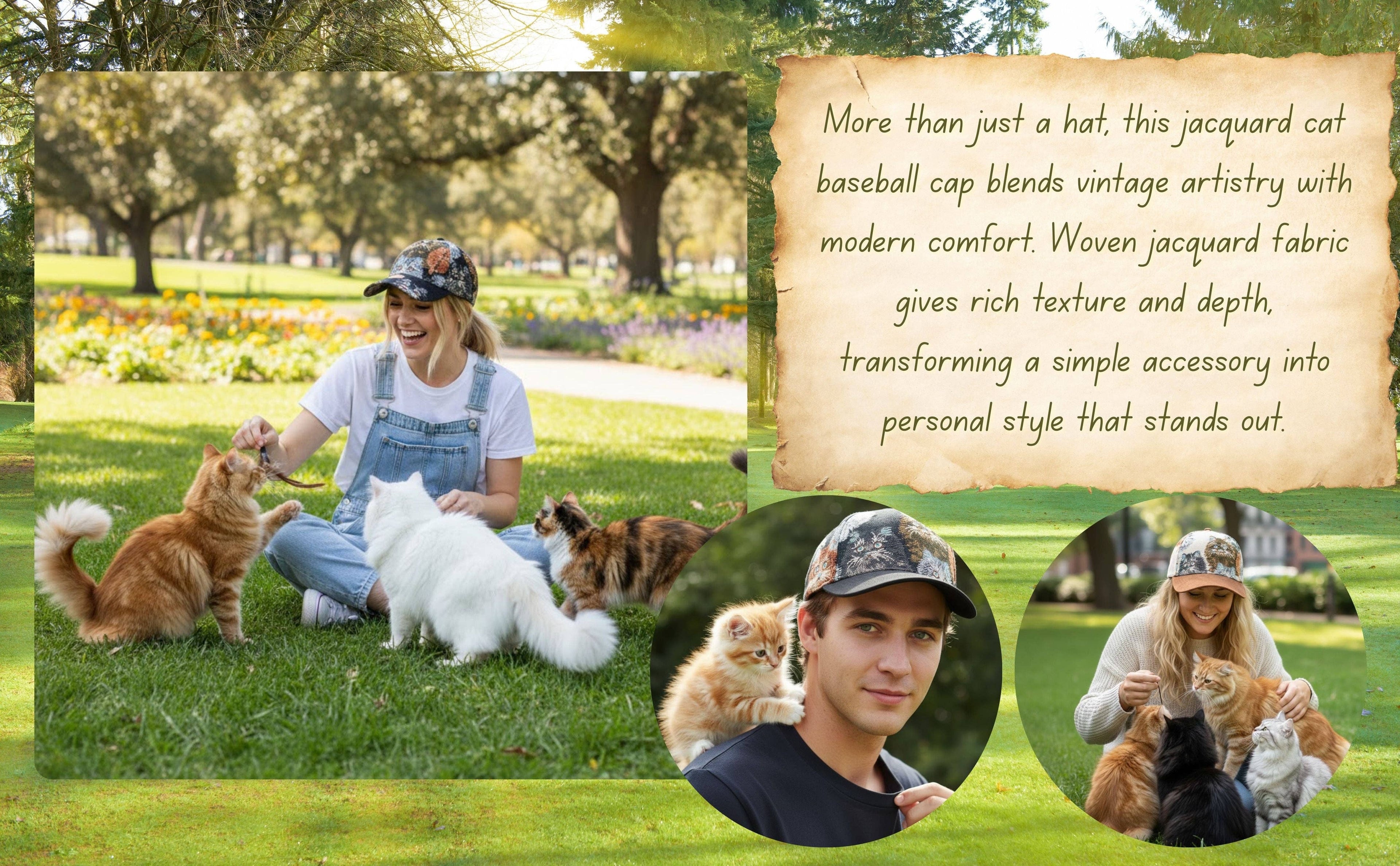 Jacquard Cat Tapestry Baseball Cap | Vintage Style Adjustable Hat for Cat Lovers | HatPhile