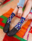 Bold Blue Floral Sheer Crew Sock