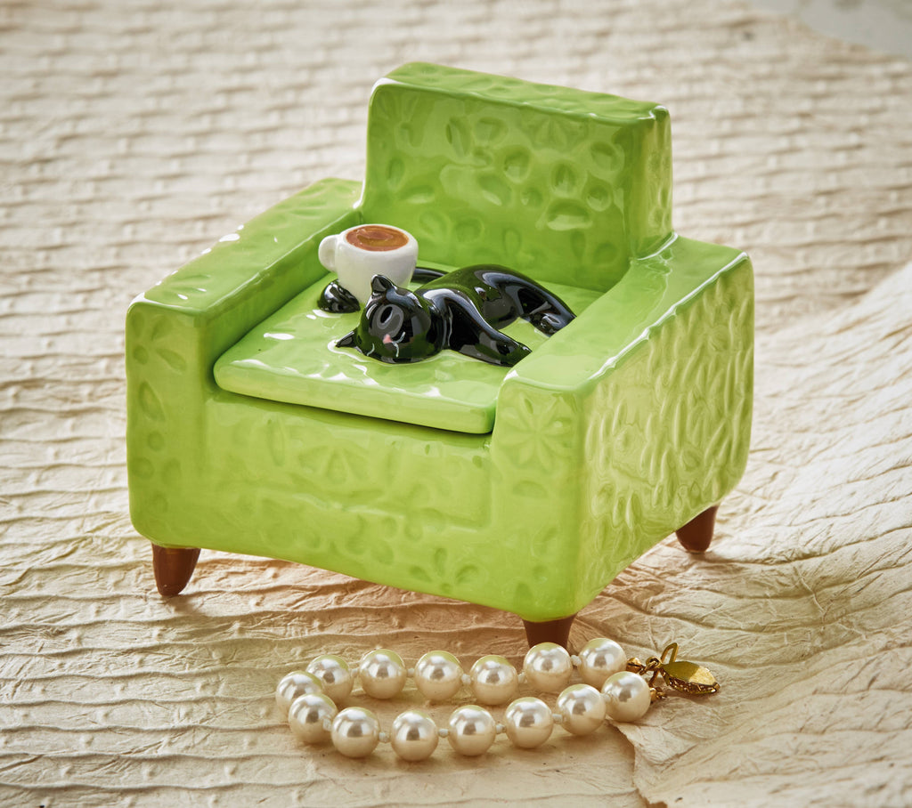 Black Cat Chair Lidded Trinket BoxEarthenware Everyday