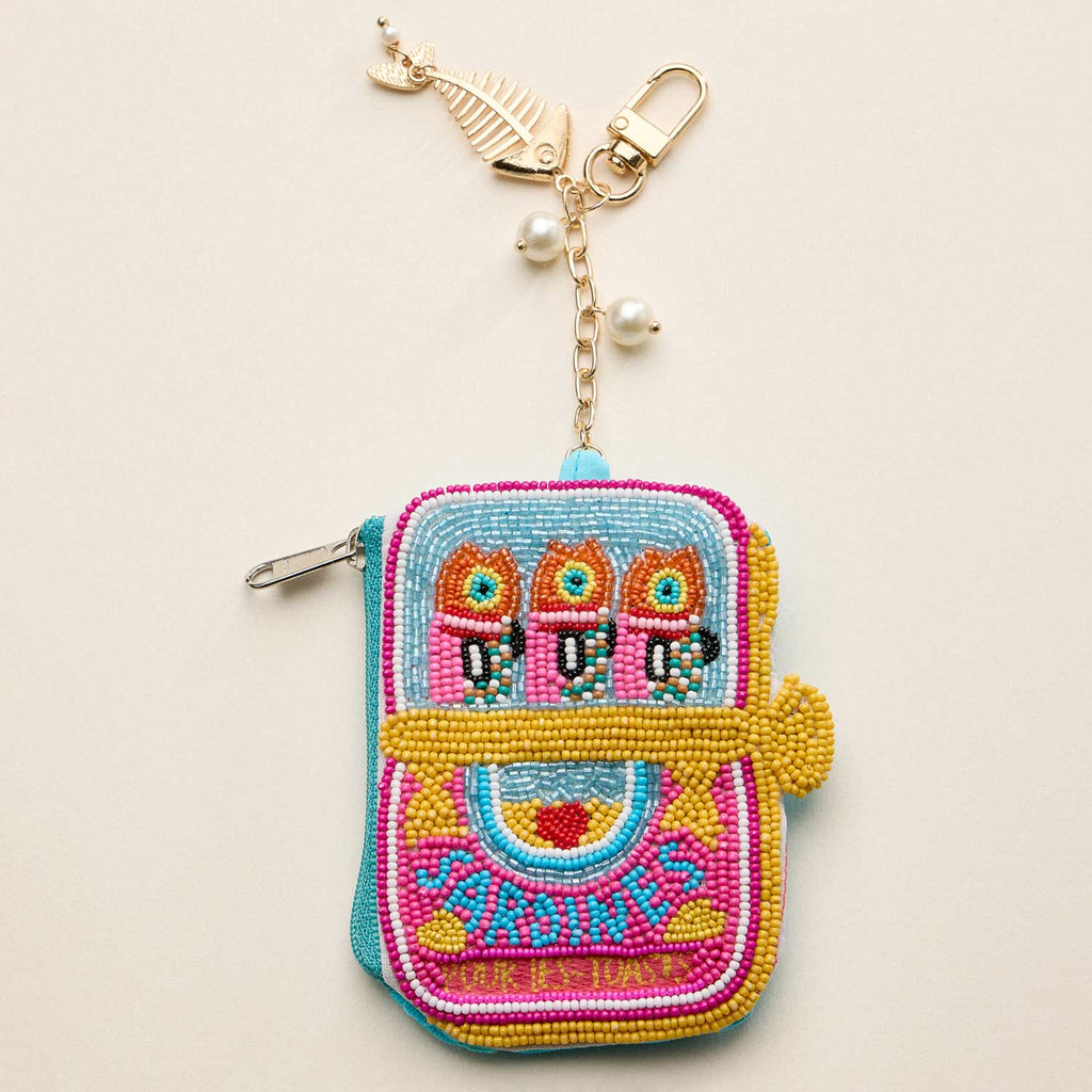 Fishbone Pearl Charm Keychain Sardine Can Seed Beaded Mini Pouch Bag