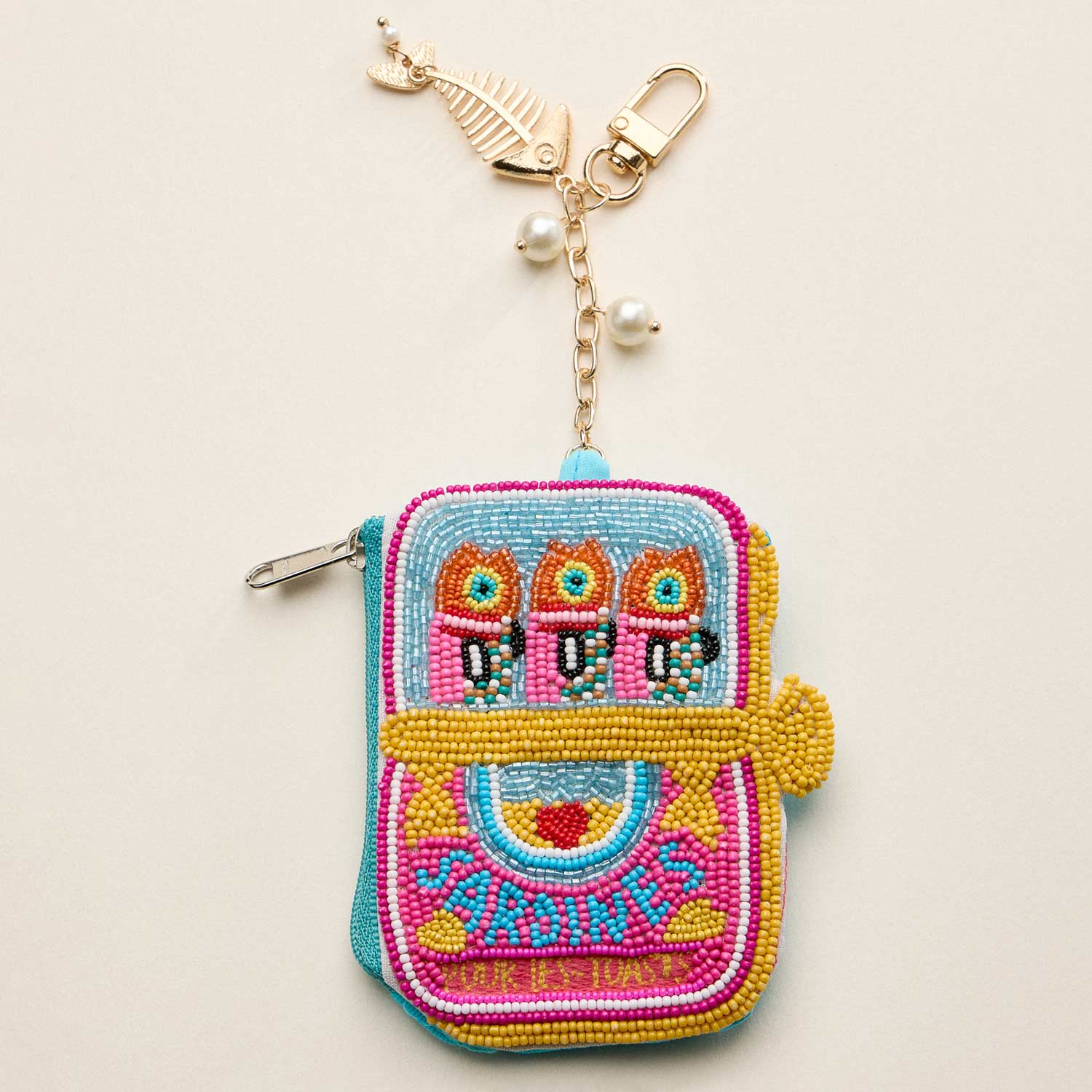 Fishbone Pearl Charm Keychain Sardine Can Seed Beaded Mini Pouch Bag