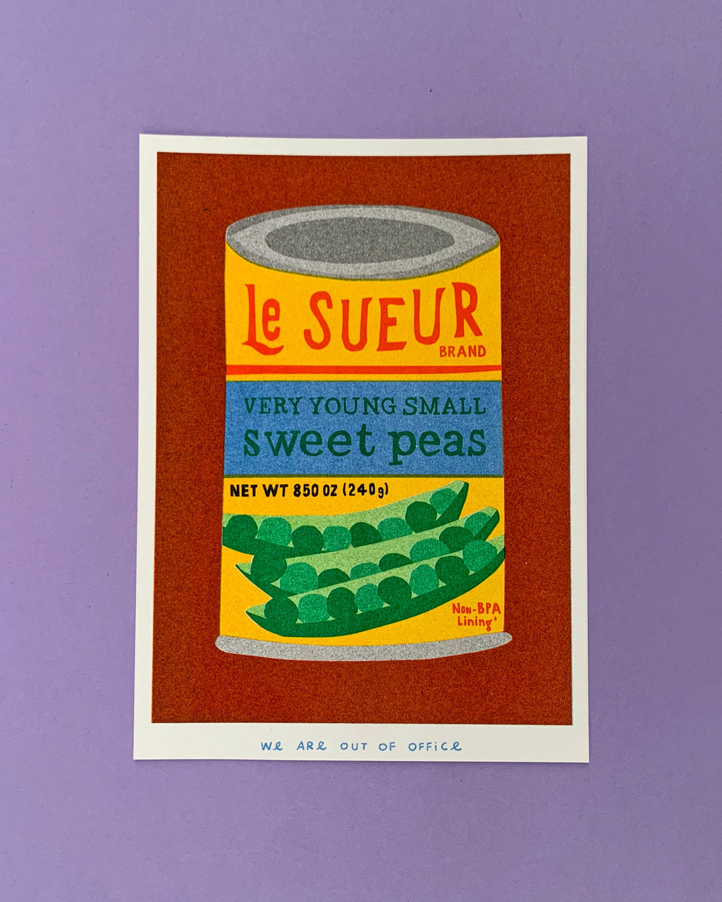 A risograph print of a can of sweet peas 